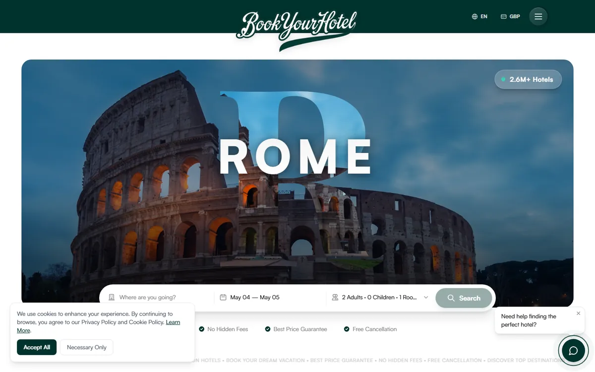 Book Your Hotel homepage screenshot