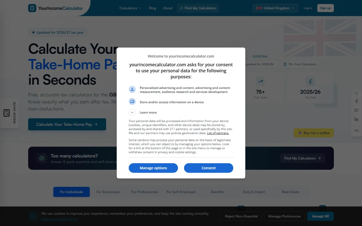 Your Income Calculator homepage screenshot